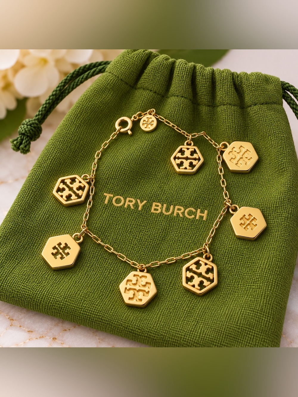 Tory Burch Gold-tone Hexagon Logo Charm Bracelet